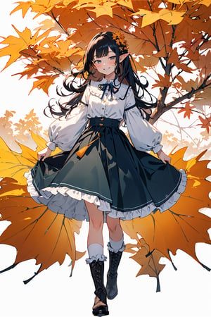 ((Botanical art white background)), 1 girl, chubby, very long hair, blouse, skirt, frilled socks, ribbon, boots, elf, smile, Autumn, lots of maple and ginkgo trees,