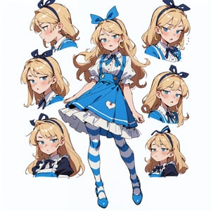 (watercolor:0.5), hand drawn, Art Nouveau, anime face, 1girl, surprised expression, blonde long hair, alice in wonderland, apron dress, (striped pantyhose:1.2), blouse, ruffle skirt, hair ribbon band, wear pumps, blue, white,