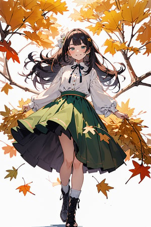 ((Botanical art white background)), 1 girl, chubby, very long hair, blouse, skirt, frilled socks, ribbon, boots, elf, smile, Autumn, lots of maple and ginkgo trees,