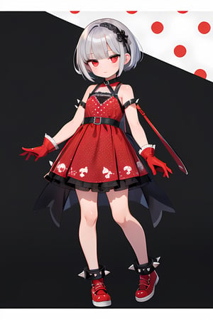 (absurdres, highres, ultra detailed:1.2),
solo, girl in gothic lolita dress, (wearing (red:1.2) and (black:0.8) dress with (polka dot pattern:1.1) and lace appliques:1.4), wearing no sleeves and halter neck, wearing short skirt with layers of lace and tulle, (wearing black gloves and red shoes with straps:1.4), 
BREAK (short silver hair with spikes and bangs, red eyes:1.2)