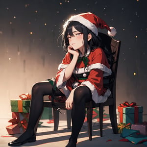 illustration, (emo girl:1.4), (Blade Runner style:1.2), black tights, BREAK
Emo girl in (Santa attire:1.4) sits exhausted amidst Christmas gifts and a glowing tree, symbolizing post-holiday burnout. BREAK
Her tired expression merges Emo and Santa elements, creating a calm yet fatigued atmosphere. 