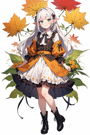 ((Botanical art white background)), 1 girl, chubby, very long hair, blouse, skirt, frilled socks, ribbon, boots, elf, smile, Autumn, lots of maple and ginkgo trees,