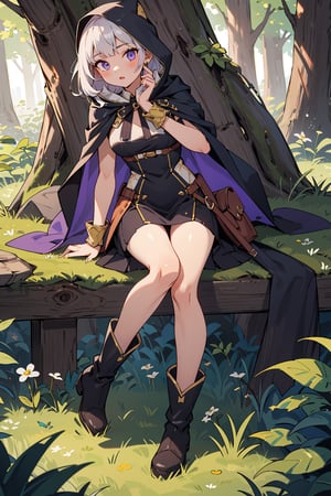 absurdres, (full-body), highres, ultra detailed, (1girl:1.3), close-up,BREAK
murderess dress, purple (transparent1.4) aura, huntress dress, dark cape with hood and gold details, leather boots,
Meadow in the forest, green leaves