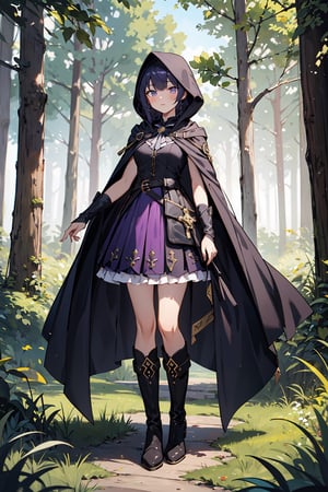 absurdres, (full-body), highres, ultra detailed, (1girl:1.3), close-up,BREAK
murderess dress, purple (transparent1.4) aura, huntress dress, dark cape with hood and gold details, leather boots,
Meadow in the forest, green leaves