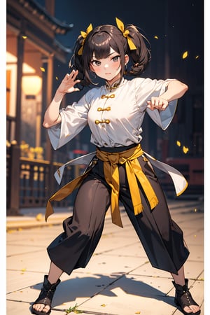 absurdres, highres, ultra detailed, (1girl:1.3), BREAK
(battle action, fighting action:1.1), (full body), solo, ribbon, blurry, blurry background, braid, hair ribbon, looking at viewer, hair rings, bangs, realistic, twin braids, pink ribbon, black hair, (black eyes:1.3), lips, (chinese long Champao), (yellow Champao:1.5), brown hair, closed mouth, twintails, blunt bangs,
BREAK
(kung fu pose:1.2), (stylish pose:1.3),