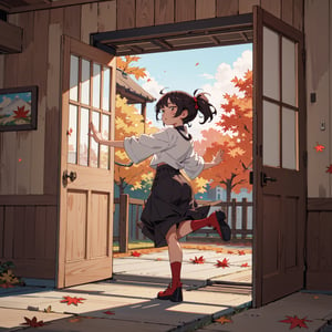 masterpiece, best quality, extremely detailed, anime, from behind, Autumn scenery spreads and red maple leaves are dancing. A girl opens a big door on the wall. 