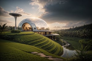 ((masterpiece)), ((highly detailed)), Hyper-realistic, realistic, photo-realistic, a stunning modern futuristic architecture building, in the middle of paddy rice in bali indonesia, bubble/dome inspired shape, villa, house, mansion, by zaha hadid composition, organic, curvilinear, swimming_pool, car, trees, natural space, smooth ceramic porcelain, fully furnished, futuristic furniture, biomorphic style, luxury, scifi, futuristic, soft lighting, natural light, cinematic light, fine lighting, dramatical light, vibrant, (full detailed), (detailed interior), 4K, HDR, massive opening windows, windows reflection, archiviz, granite, marble gloss, wood panel, sunset, clear sky