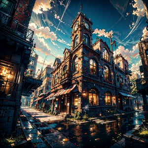 ((masterpiece:1.4)), stunning, hires, (high quality:1.3), hyper-realistic, (a steampunk style industrial building), intense outdoor lighting, ((architecture)), high, clear sky, tree, moss, idigital, peaceful, beautiful, cozy, ,steam4rmor,High detailed ,Color magic