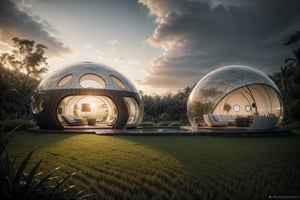 ((masterpiece)), ((highly detailed)), Hyper-realistic, realistic, photo-realistic, a stunning modern futuristic architecture building, in the middle of paddy rice in bali indonesia, bubble/dome inspired shape, villa, house, mansion, by zaha hadid composition, organic, swimming_pool, car, trees, natural space, smooth ceramic porcelain, fully furnished, futuristic furniture, biomorphic style, luxury, scifi, futuristic, soft lighting, natural light, cinematic light, fine lighting, dramatical light, vibrant, (full detailed), (detailed interior), 4K, HDR, massive opening windows, windows reflection, archiviz, granite, marble gloss, wood panel, sunset, clear sky