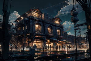 ((masterpiece:1.5)), stunning, hires, (high quality:1.5), (a steampunk style factory building with lot of peoples), intense outdoor lighting, architecture, high, clear sky, tree, moss, idigital, peaceful, beautiful, cozy, ,steam4rmor,High detailed ,Color magic,EpicSky,Saturated colors,futubot 