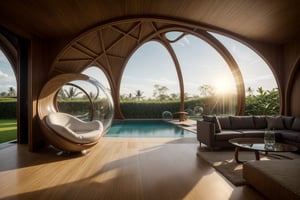 ((masterpiece)), ((highly detailed)), Hyper-realistic, realistic, photo-realistic, a stunning modern futuristic architecture building, in the middle of paddy rice in bali indonesia, bubble/dome inspired shape, villa, house, mansion, by zaha hadid composition, organic, swimming_pool, car, trees, natural space, smooth ceramic porcelain, biomorphic style, luxury, scifi, futuristic, soft lighting, natural light, cinematic light, fine lighting, dramatical light, curvilinear, vibrant, (full detailed), (detailed interior), 4K, HDR, massive opening windows, windows reflection, archiviz, granite, marble gloss, wood panel, sunset, clear sky