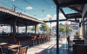 coffee bar, glass roof, intense outdoor sunlight, restaurant, architecture, modernism, hyper-realistic design, trees, chair, table, open view, colorful, idigital, illustration, peaceful, beautiful, cozy