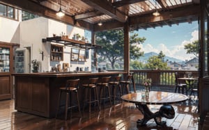 coffee bar, glass roof, intense outdoor sunlight, bedroom, architecture, modernism, hyper-realistic design, trees, chair, table, open view, colorful, idigital, illustration, peaceful, beautiful, cozy