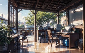 bedroom, intense outdoor sunlight, desk, architecture, modernism, hyper-realistic design, trees, chair, table, open view, colorful, idigital, illustration, peaceful, beautiful, cozy