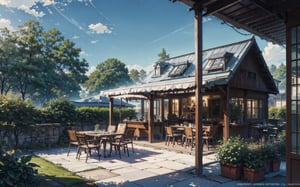 coffee bar, glass roof, intense outdoor sunlight, bedroom, architecture, modernism, hyper-realistic design, trees, chair, table, open view, colorful, idigital, illustration, peaceful, beautiful, cozy