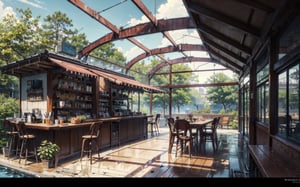 coffee bar, glass roof, intense outdoor sunlight, bedroom, architecture, modernism, hyper-realistic design, trees, chair, table, open view, colorful, idigital, illustration, peaceful, beautiful, cozy