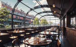 coffee bar, glass roof, intense outdoor sunlight, restaurant, architecture, modernism, hyper-realistic design, trees, chair, table, open view, colorful, idigital, illustration, peaceful, beautiful, cozy