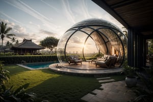 ((masterpiece)), ((highly detailed)), Hyper-realistic, realistic, photo-realistic, a stunning modern futuristic architecture building, in the middle of paddy rice in bali indonesia, bubble/dome inspired shape, villa, house, mansion, by zaha hadid composition, organic, swimming_pool, car, trees, natural space, smooth ceramic porcelain, fully furnished, futuristic furniture, biomorphic style, luxury, scifi, futuristic, soft lighting, natural light, cinematic light, fine lighting, dramatical light, vibrant, (full detailed), (detailed interior), 4K, HDR, massive opening windows, windows reflection, archiviz, granite, marble gloss, wood panel, sunset, clear sky