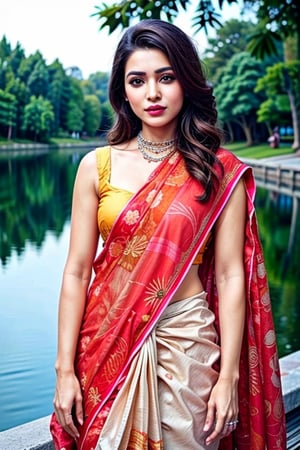 hindu_girl with indian saree , indian_temples , wearing_orange_saree , detailed_background , 32k , 8k , masterpiece , high_resolution , beautiful , black_long_hairs ,girl wearing indian saree , orange_theme ,Saree , fully_clothed ,wearing wrenchpjbss,dupatta , sitting near lake,Tara,Samantha Ruth Prabhu