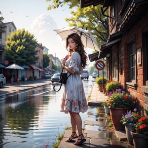 1girl, solo, long hair, brown hair, hat, dress, flower, outdoors, water, umbrella, sandals