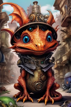 Cute plump little fuzzy dragon-like creature futuristic steampunk style alien peeks out from the alley of a busy City Street in a futuristic hidden kingdom in the background. Kind eyes, funny smirk, Tim Burton, Jason Middlebrook, Artur Bordalo, Toshie Kawamura, Brian Froud, symmetry, divine ratio, complex, intricate colored pencil and ink illustration, thin lines, vivid colors, sharp focus, detailed features, crisp | insanely detailed faces, style of Nan Goldin+style of Dark Crystal+style of Gottfried Helnwein+style of Alex Cox+style of Annie Liebowitz, ultra-detailed, concept art, light leaks, Tenebrism,  trending on artstation, sharp focus, intricate details, highly detailed. By aruffo3,steampunk style,Leonardo Style,vector art illustration