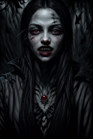 blkmndy, A ethereal vampire queen, mouth with large white fangs, beautiful lighting, masterpiece, horror, blood, gore, volumetric lighting, 4k, jinx & Vi from arcane, perfect composition, beautiful detailed intricate insanely detailed octane render trending on artstation, 8 k artistic photography, photorealistic concept art, soft natural volumetric cinematic perfect light, chiaroscuro, award-winning photograph, oil on canvas,  dripping paint, raphael, caravaggio,  beeple, beksinski, giger, black and white, comic style,fangs