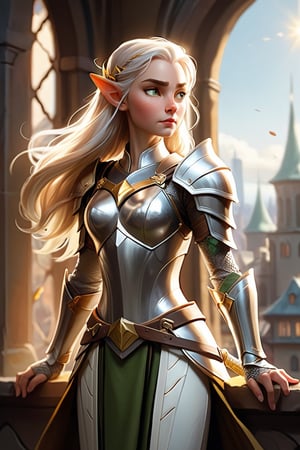 The elven princess stands in front of an open window, overlooking the bustling city below. It's midday, and the warm sunlight streams into the room, casting a golden glow on everything. She stands tall and straight, her body poised for battle. Perfect almond shaped eyes, her left hand holds a gleaming silver sword, while her right hand adjusts a piece of her armor. The armor is made of interlocking silver plates, with intricate designs etched into each piece. As she prepares for battle, she seems completely focused on the task at hand, ready to defend her city at all costs. by aruffo3,Movie Still,photo r3al,Leonardo Style,Potrait of a girl ,Film Still,sketch,vector art illustration