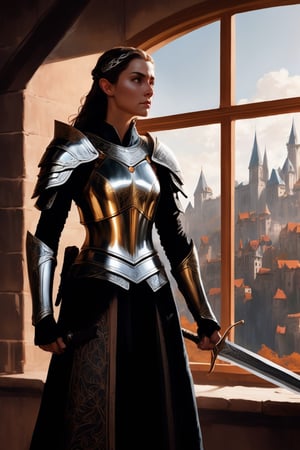 The elven princess stands in front of an open window, overlooking the bustling city below. It's midday, and the warm sunlight streams into the room, casting a golden glow on everything. She stands tall and straight, her body poised for battle. Perfect almond shaped eyes, her left hand holds a gleaming silver sword, while her right hand adjusts a piece of her armor. The armor is made of interlocking silver plates, with intricate designs etched into each piece. As she prepares for battle, she seems completely focused on the task at hand, ready to defend her city at all costs. by aruffo3,Movie Still,photo r3al,Leonardo Style