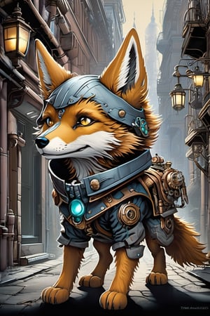 Cute plump little fuzzy wolf-like creature futuristic steampunk style alien peeks out from the alley of a busy City Street in a futuristic hidden kingdom in the background. Kind eyes, funny smirk, Tim Burton, Jason Middlebrook, Artur Bordalo, Toshie Kawamura, Brian Froud, symmetry, divine ratio, complex, intricate colored pencil and ink illustration, thin lines, vivid colors, sharp focus, detailed features, crisp | insanely detailed faces, style of Nan Goldin+style of Dark Crystal+style of Gottfried Helnwein+style of Alex Cox+style of Annie Liebowitz, ultra-detailed, concept art, light leaks, Tenebrism,  trending on artstation, sharp focus, intricate details, highly detailed. By aruffo3,steampunk style,Leonardo Style