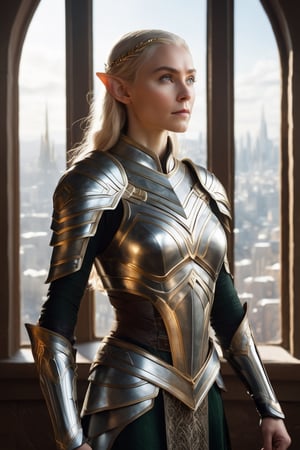 The elven princess stands in front of an open window, overlooking the bustling city below. It's midday, and the warm sunlight streams into the room, casting a golden glow on everything. She stands tall and straight, her body poised for battle. Perfect almond shaped eyes, her left hand holds a gleaming silver sword, while her right hand adjusts a piece of her armor. The armor is made of interlocking silver plates, with intricate designs etched into each piece. As she prepares for battle, she seems completely focused on the task at hand, ready to defend her city at all costs. by aruffo3,Movie Still