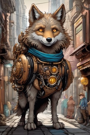 Cute plump little fuzzy wolf-like creature futuristic steampunk style alien peeks out from the alley of a busy City Street in a futuristic hidden kingdom in the background. Kind eyes, funny smirk, Tim Burton, Jason Middlebrook, Artur Bordalo, Toshie Kawamura, Brian Froud, symmetry, divine ratio, complex, intricate colored pencil and ink illustration, thin lines, vivid colors, sharp focus, detailed features, crisp | insanely detailed faces, style of Nan Goldin+style of Dark Crystal+style of Gottfried Helnwein+style of Alex Cox+style of Annie Liebowitz, ultra-detailed, concept art, light leaks, Tenebrism,  trending on artstation, sharp focus, intricate details, highly detailed. By aruffo3,steampunk style,Leonardo Style,vector art illustration