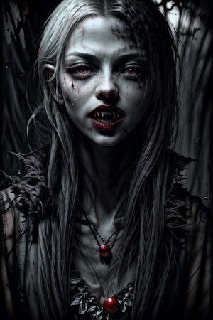 A ethereal vampire queen, mouth with large white fangs, beautiful lighting, masterpiece, horror, blood, gore, volumetric lighting, 4k, jinx & Vi from arcane, perfect composition, beautiful detailed intricate insanely detailed octane render trending on artstation, 8 k artistic photography, photorealistic concept art, soft natural volumetric cinematic perfect light, chiaroscuro, award-winning photograph, oil on canvas,  dripping paint, raphael, caravaggio,  beeple, beksinski, giger, black and white, comic style,fangs