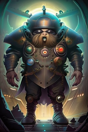 futuristic steampunk dwarf-like god quickly approaching in an aggressive manner at nighttime under the stars on a dimly lit path through the carnage and destruction of a fallen ancient civilization. sinister round eyes, sinister smirk, Alexander Jansson, Dark Crystal style, symmetry, divine ratio, rule of thirds, dark atmospheric mist, complex, intricate colored pencil illustration, thin lines, vivid colors, sharp focus, detailed features, crisp insanely detailed faces, ultra-detailed, concept art, chiaroscuro, artstation, sharp focus, intricate details, highly detailed. By aruffo3,ssteampunk style