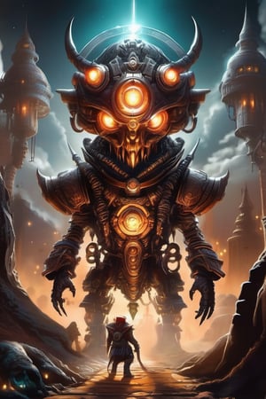 A hateful repulsive short fuzzy futuristic steampunk style dwarf-like alien war god quickly approaching in an offensive manner at nighttime under the stars on a dimly lit path through the carnage and destruction of a fallen ancient civilization. sinister round eyes, sinister smirk, Alexander Jansson, Dark Crystal style, symmetry, divine ratio, rule of thirds, dark atmospheric fog, complex, intricate colored pencil illustration, thin lines, vivid colors, sharp focus, detailed features, crisp insanely detailed faces, ultra-detailed, concept art, chiaroscuro, luminism, artstation, sharp focus, intricate details, highly detailed. By aruffo3