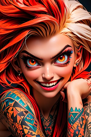 pretty girl, ((face tattooed with geometric patterns)), colorful eyes, hyper realistic masterpiece whith luminous gold and white colors, beautiful 3d realistic anime woman, perfect face, smoky dark atmosphere, hyper realistic masterpiece, hyper realistic 3d anime vampire woman, (showing big fangs) (cute smile), dressed in black and red, ((luminous white hair)), (pale white skin), visible particles, light from behind, hyper realistic detailed lighting, hyper realistic shadows hyper realistic masterpiece, high contrast, sharp focus, digital painting, digital art, clean art, contrast color, contrast, deep intense color, studio lighting, dynamic light, deliberate, concept art, high contrast light, strong backlight, hyper detailed, super detailed 