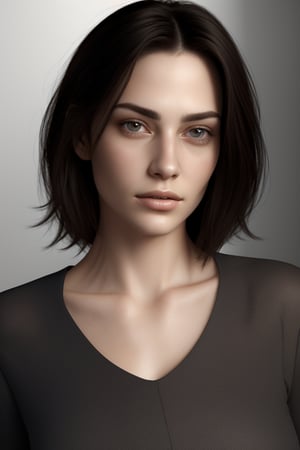 young woman. beautiful detailed face, black hair, pale skin, light skin, realistic skin, detailed fabric texture, detailed hair texture, perfect proportion, accurate, anatomically correct, highly detailed skin and face texture, modern, photorealistic, perfect face