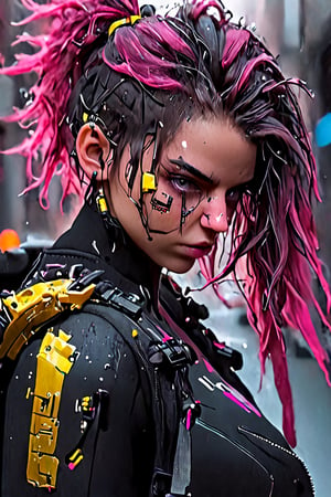 girl, cyberpunk, 8k, highly detailed, sci fi. magenta, black, gold