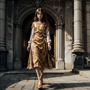 woman walking, red dress, stern expression, pose, bright golden eyes, full body