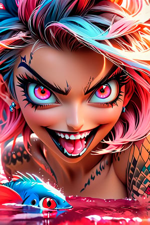 pretty girl, (face tattooed with patterns), colorful eyes, hyper realistic masterpiece in pastel and neon colors, beautiful 3d realistic anime woman, perfect face, smoky atmosphere, hyper realistic masterpiece, hyper realistic 3d anime vampire woman, (showing teeth and big fangs) (cute smile), dressed in black and red, (luminous platinum white hair), (pale white skin), visible particles, light from behind, hyper realistic detailed lighting, hyper realistic shadows hyper realistic masterpiece, high contrast water pastel color blending, sharp focus, digital painting, pastel blending art, digital art, clean art, contrast color, contrast, colorful, deep intense color, studio lighting, dynamic light, deliberate, concept art, high contrast light, strong backlight, hyper detailed, super detailed
