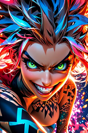 pretty girl, (face tattooed with geometric patterns), colorful eyes, hyper realistic masterpiece whith luminous gold and white colors, beautiful 3d realistic anime woman, perfect face, smoky dark atmosphere, hyper realistic masterpiece, hyper realistic 3d anime vampire woman, (showing teeth and big fangs) (cute smile), dressed in black and red, (luminous platinum white hair), (pale white skin), visible particles, light from behind, hyper realistic detailed lighting, hyper realistic shadows hyper realistic masterpiece, high contrast water pastel color blending, sharp focus, digital painting, pastel blending art, digital art, clean art, contrast color, contrast, colorful, deep intense color, studio lighting, dynamic light, deliberate, concept art, high contrast light, strong backlight, hyper detailed, super detailed