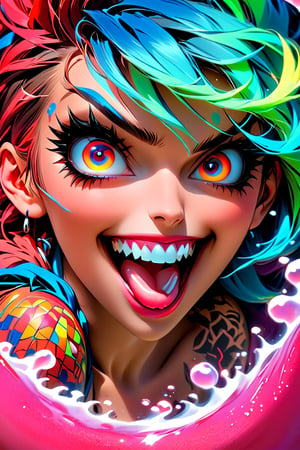 pretty girl, (face tattooed with patterns), colorful eyes, hyper realistic masterpiece in pastel and neon colors, beautiful 3d realistic anime woman, perfect face, smoky atmosphere, hyper realistic masterpiece, hyper realistic 3d anime vampire woman, (showing teeth and big fangs) (cute smile), dressed in black and red, (luminous platinum white hair), (pale white skin), visible particles, light from behind, hyper realistic detailed lighting, hyper realistic shadows hyper realistic masterpiece, high contrast water pastel color blending, sharp focus, digital painting, pastel blending art, digital art, clean art, contrast color, contrast, colorful, deep intense color, studio lighting, dynamic light, deliberate, concept art, high contrast light, strong backlight, hyper detailed, super detailed