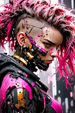 girl, cyberpunk, 8k, highly detailed, sci fi. magenta, black, gold