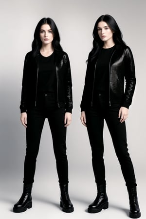 women. beautiful detailed face, black hair, pale skin, light skin, realistic skin, detailed fabric texture, detailed hair texture, perfect proportion, accurate, anatomically correct, highly detailed skin and face texture, modern, photorealistic, perfect face, hyper realism, mega realism, high quality. modern flannel, rock music style. messy hairstyle. whole body. black pants, black boots