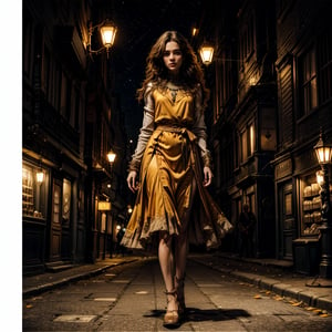 woman walking, red dress, stern expression, pose, bright golden eyes, full body. futuristic dark city with ancient architecture at night with many lights