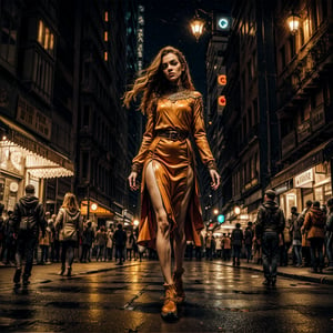 woman walking, red dress, stern expression, pose, bright golden eyes, full body. futuristic dark city with ancient architecture at night with many lights