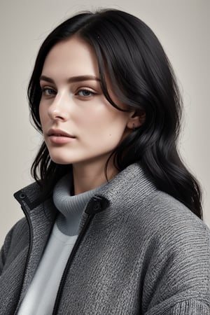 woman. beautiful detailed face, black hair, pale skin, light skin, realistic skin, detailed fabric texture, detailed hair texture, perfect proportion, accurate, anatomically correct, highly detailed skin and face texture, modern, photorealistic, perfect face, hyper realism, mega realism, high quality. modern style, sweater, jacket, flannel, rock music style