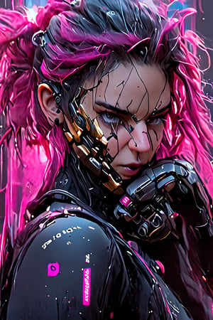 girl, cyberpunk, 8k, highly detailed, sci fi. magenta, black, gold