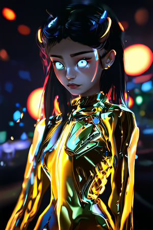 girl, cute, blurry background, glowing, glowing eyes, science fiction, elegant clothes, gold neon, cute