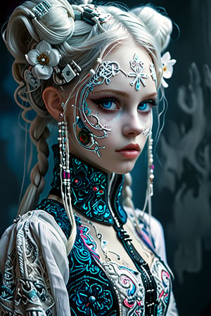 girl, elf with smook, Nordic beautiful girl:1.2,(Pure white long Pigtail),(Wearing gas mask),
Picture a mesmerizing fusion where the rich heritage of Hmong ethnic attire,Embroidery that emits light with Led, elf ear,
 intertwines with the enchanting world of Cyber Lolita fashion garment, a visual symphony, showcases vibrant cross-stitch patterns reminiscent of Hmong craftsmanship, meticulously stitched in an array of colors, dress flows gracefully, embracing the whimsical elegance of Lolita fashion with lace, bows, and layers,  Each detail a brushstroke in this vibrant canvas, tells a story of cultural richness cyberpunk,Flower queen,colorful,Realistic Blue Eyes,circuitboard