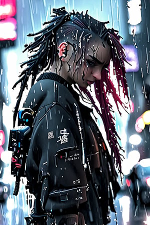 girl, rain, cyberpunk, 8k, highly detailed, sci fi